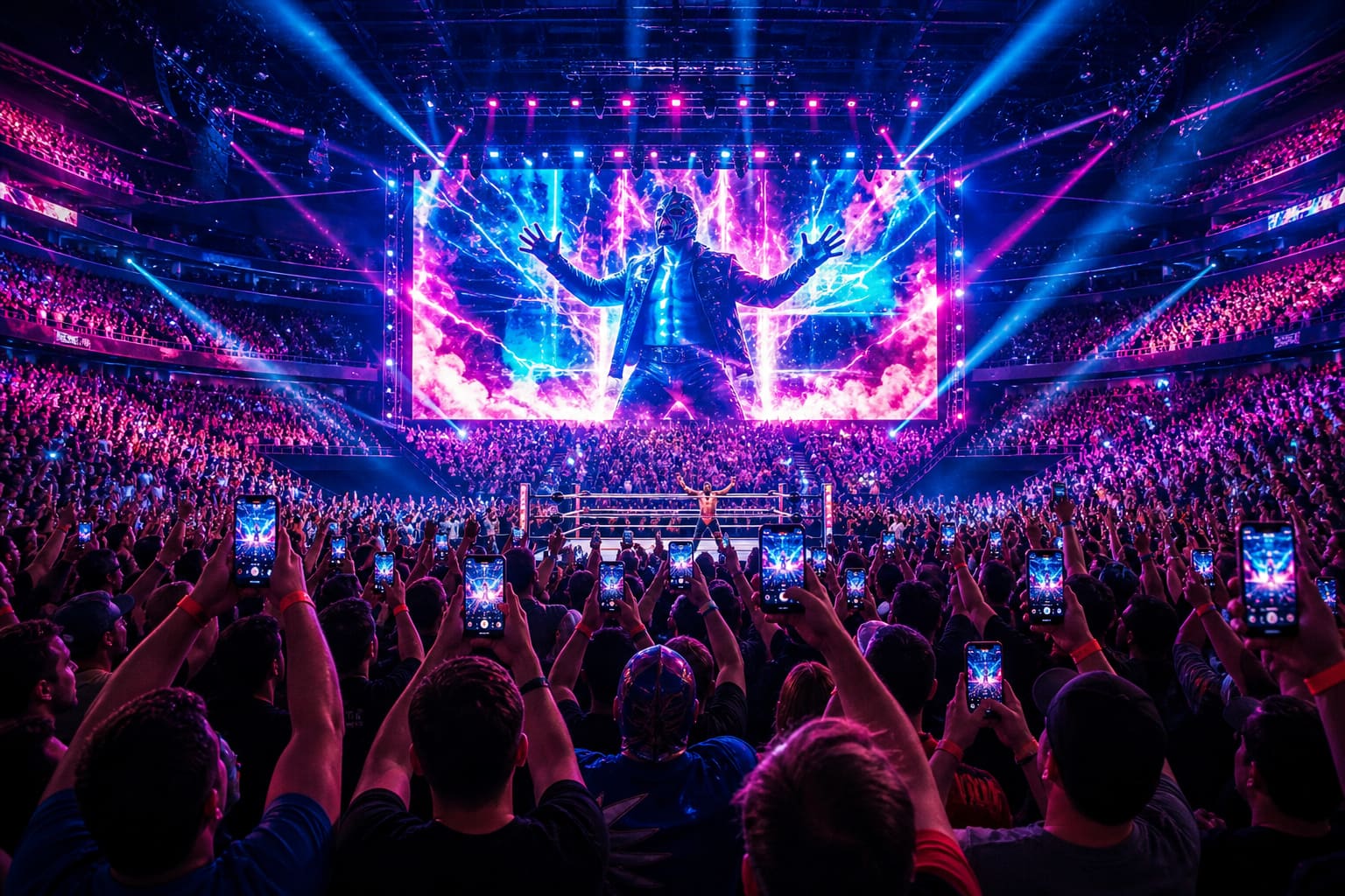 Arena crowd holding glowing phones toward a massive neon LED screen above the ring