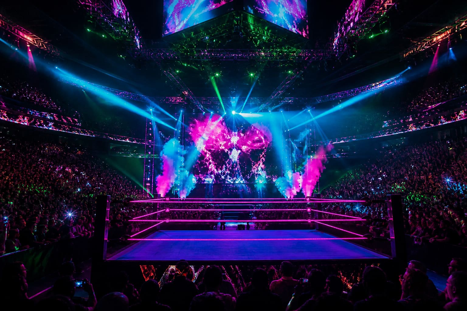 Neon-lit wrestling ring under electric blue and hot pink lights with a roaring Las Vegas crowd