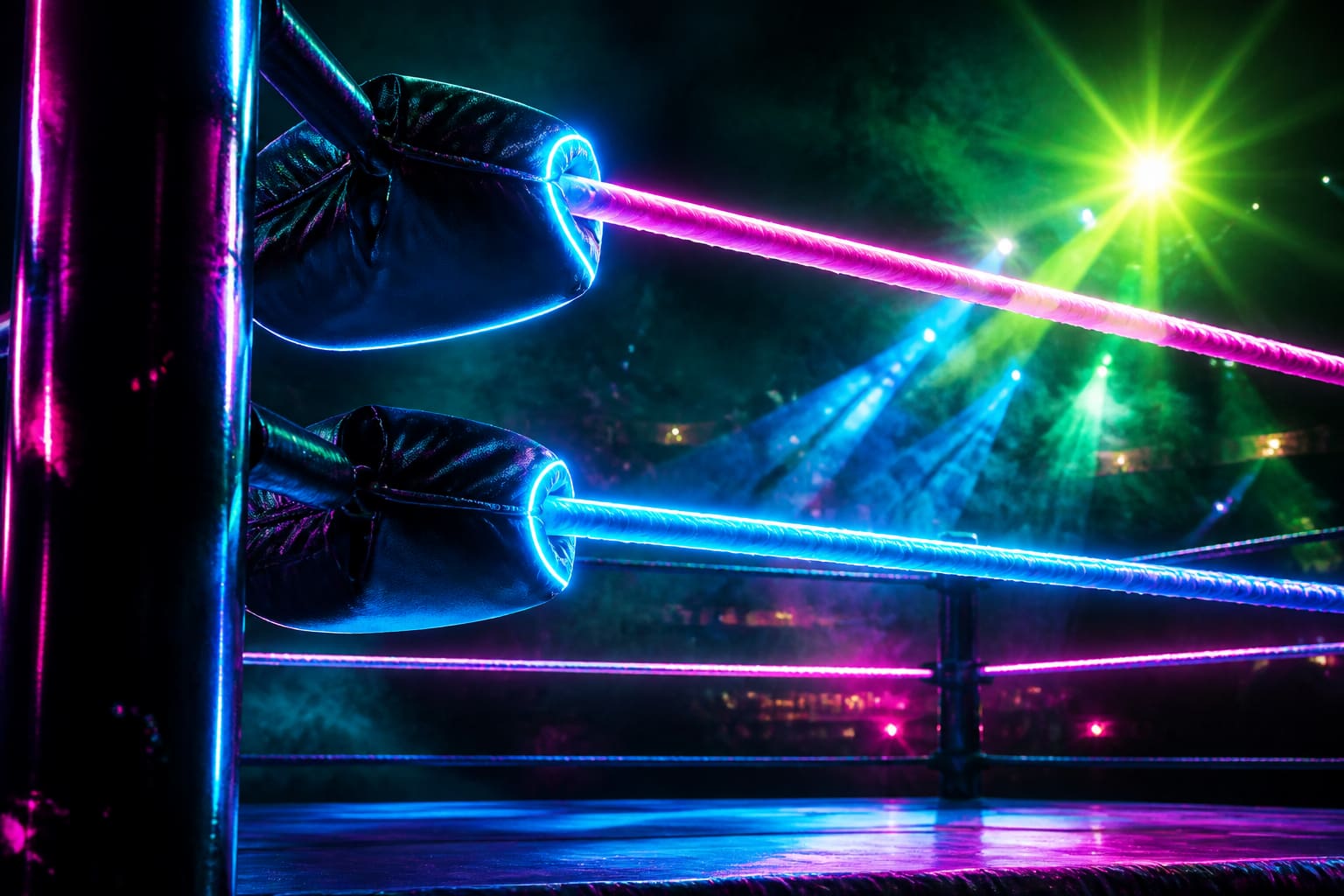 Stylized neon wrestling ring with spotlights and electric pink ropes